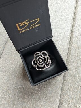 Daniel Steiger Stretch Ring Crystal Rose Adjustable Silver Tone Statement Ring